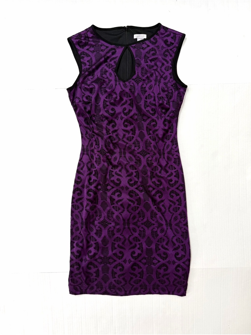 Caché Purple Black Brocade Bodycon Keyhole Mini Dress — Fitted Goth Romantic 6